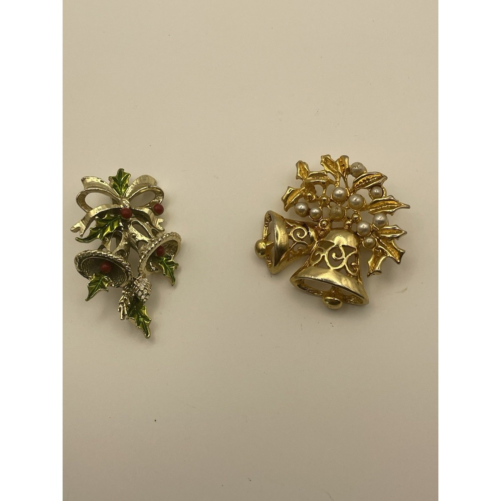 Two Vintage Gold Tone Christmas Bell‎ Pin Brooches Holly Signed